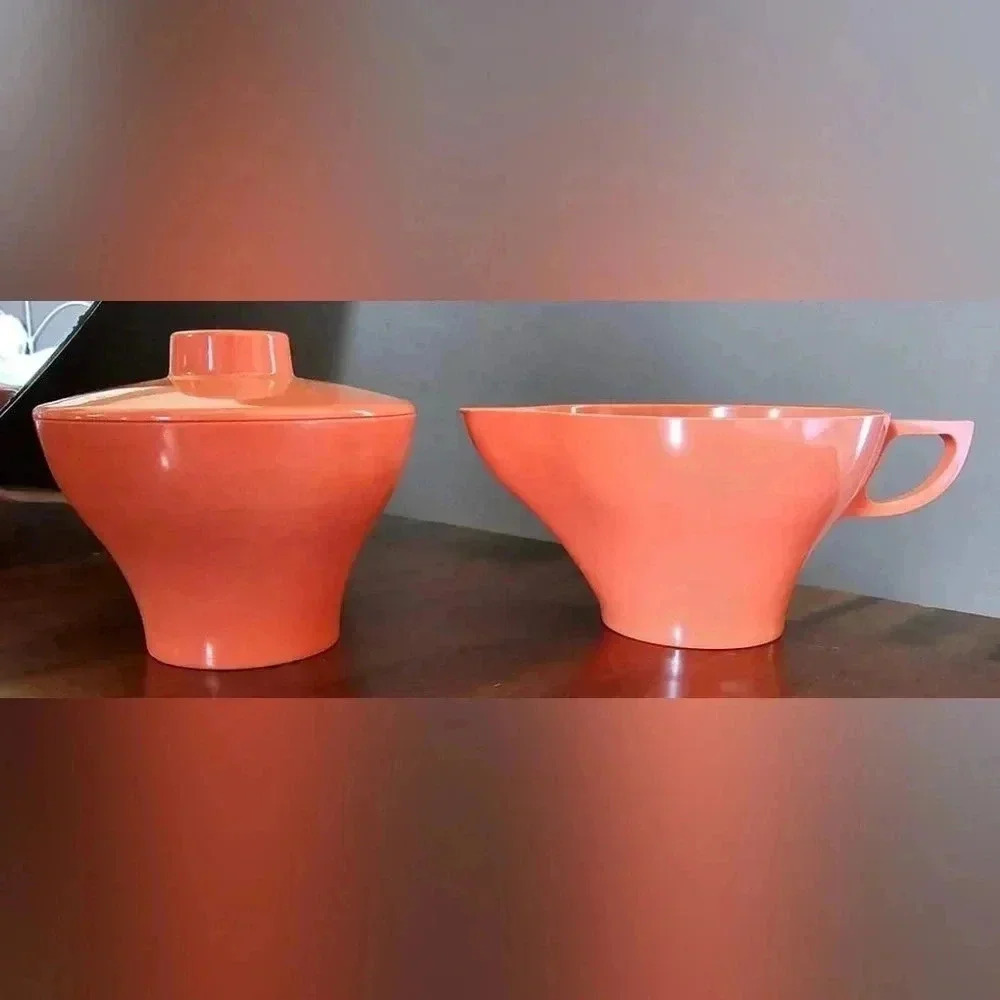 Vintage MCM Coral Melmac Mallo Belle Mallory M-421 Sugar Bowl and M-422 Creamer
